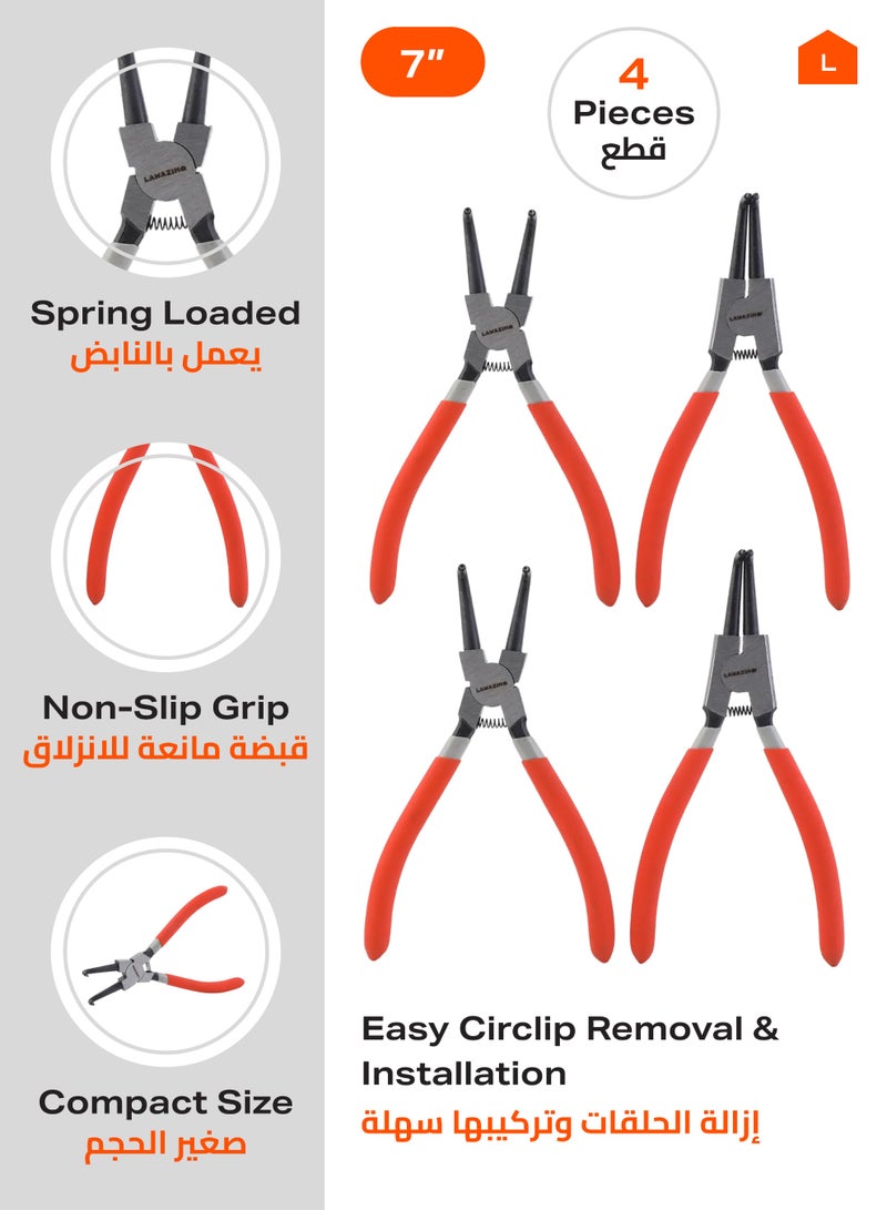 LAWAZIM Circlip Plier Set-4 Piece 7inch- Durable Non-Slip Precision Retaining Ring External Internal Bent Straight Snap Ring Removers Kit for Automotive Machinery Maintenance Plumbing and DIY Projects - Image 2